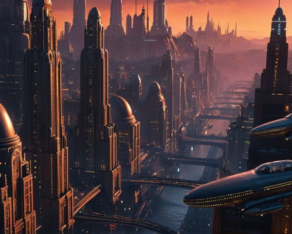 Futuristic cityscape with sunset and flying vehicles