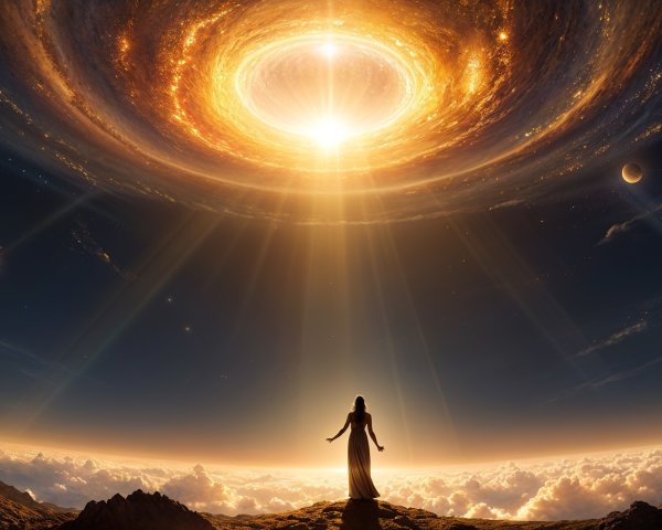 Mystical Figure Gazing at Radiant Cosmic Vortex