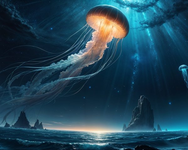 Mystical Underwater Scene with Glowing Jellyfish