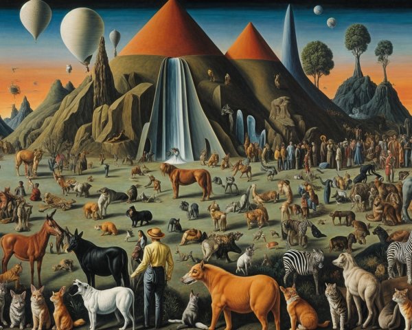 Surreal Landscape with Animals and Pyramidal Mountains