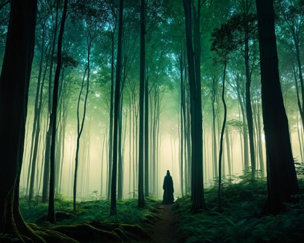 Serene forest scene with tall trees and mist