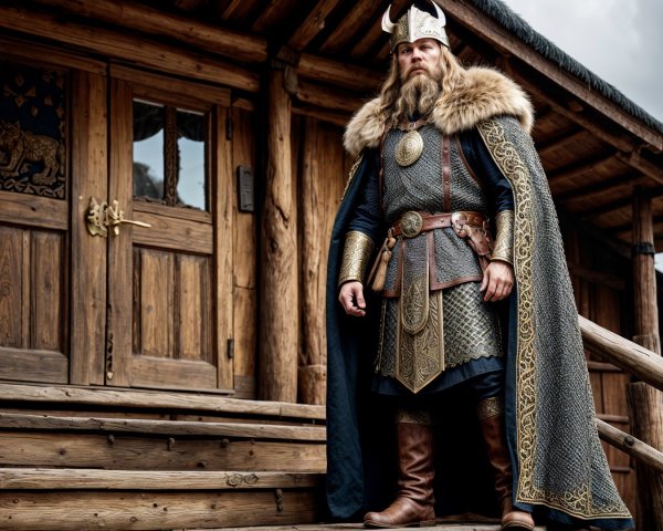 Viking Warrior in Armor on Wooden Steps of Dwelling
