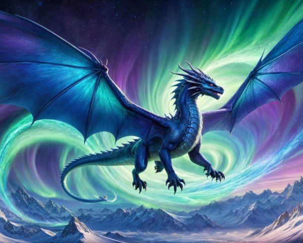 Blue dragon flying in a vibrant aurora sky
