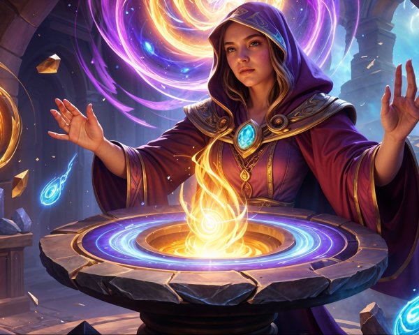 Sorceress in Purple Robe Conjures Magical Orbs