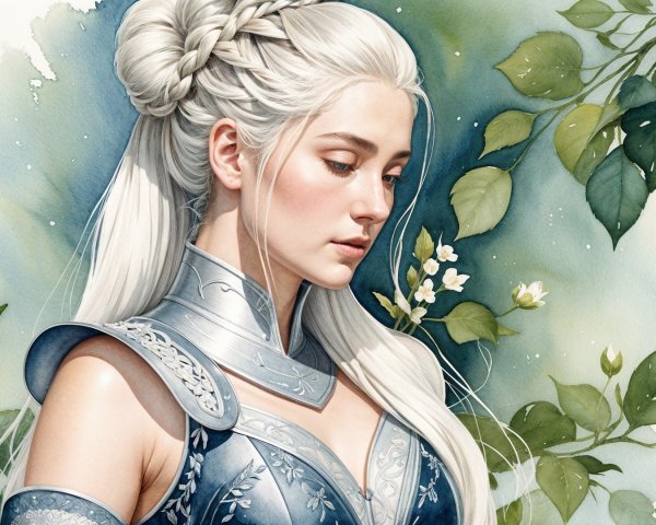 Young Woman in Elegant Armor Surrounded by Nature