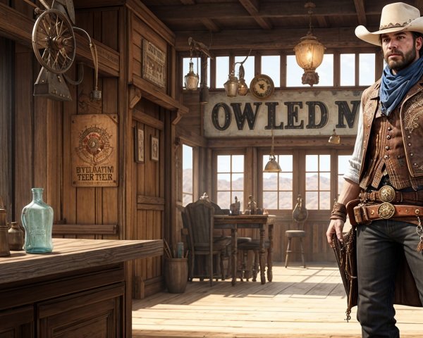 Cowboy in Rustic Saloon with Vintage Decor