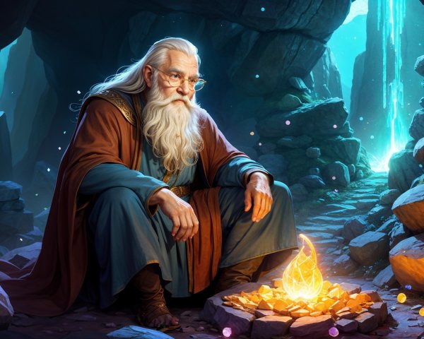 Mystical cave scene with sage by glowing campfire