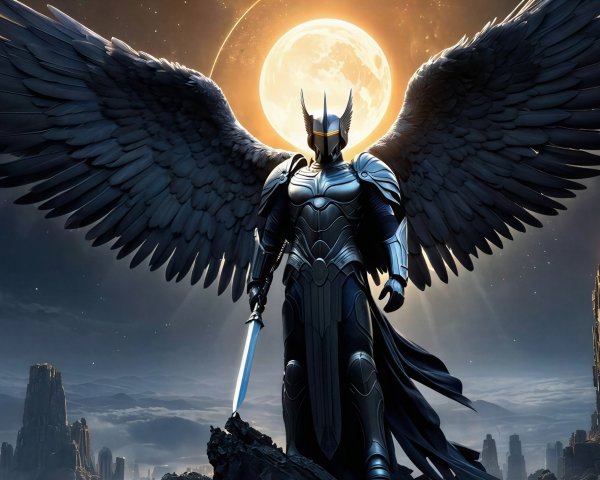 Armored angel with black wings and glowing sword