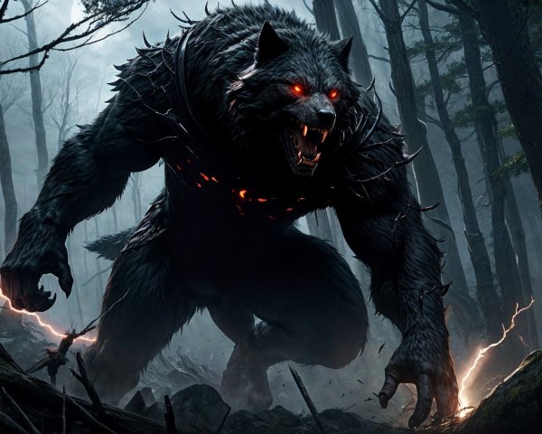 Fearsome Creature in Dark Misty Forest Setting