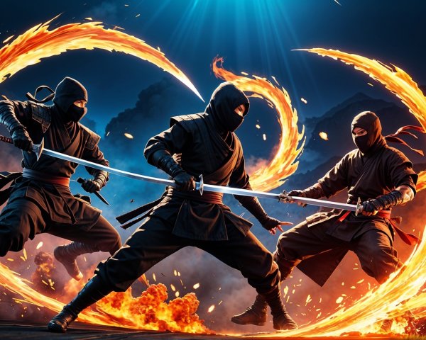Ninjas in Dark Attire with Glowing Swords in Action Scene
