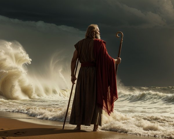 Biblical Prophet Figure on Windswept Beach Scene