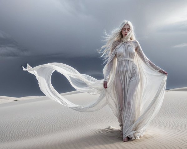 Ethereal Figure in Desert Landscape with Dramatic Clouds