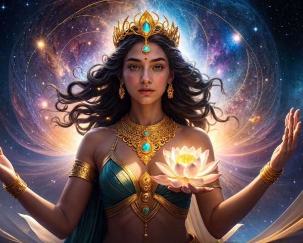 Celestial Figure in Gold Jewelry Against Cosmic Backdrop