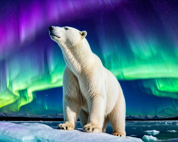 Polar Bear on Ice Floe Under Vibrant Auroras