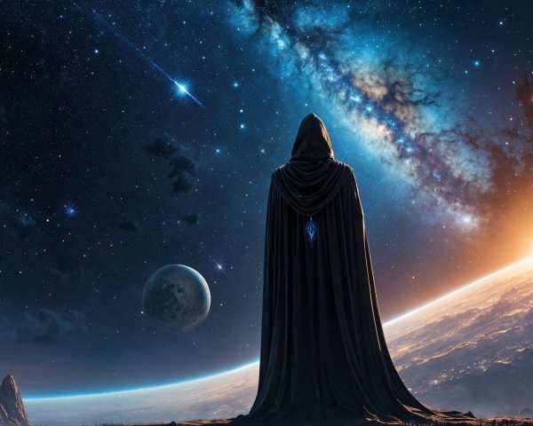 Cloaked Figure Overlooking Cosmic Scene and Galaxies