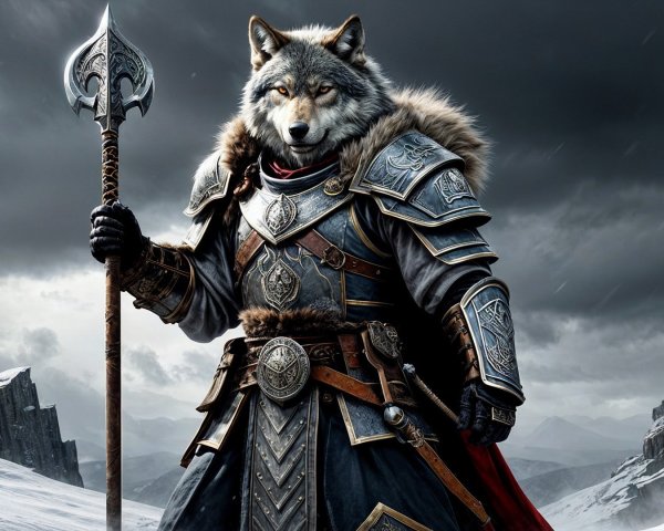 Majestic Wolf in Ornate Armor in Snowy Landscape
