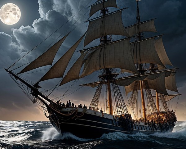 Tall Ship Navigating Turbulent Waters Under Moonlight