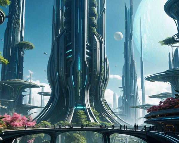 Futuristic cityscape with advanced technology and nature