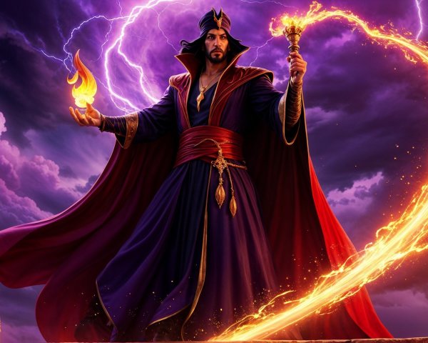 Sorcerer in Purple Robes with Fiery Staff and Storm Clouds
