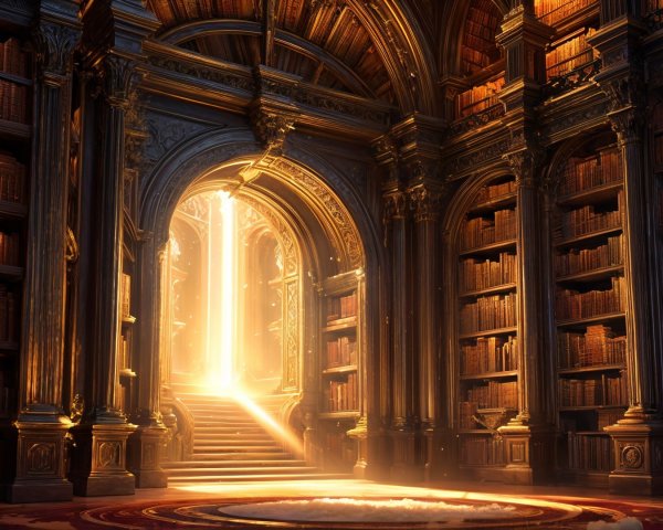 Grand Library with Ancient Books and Intricate Architecture