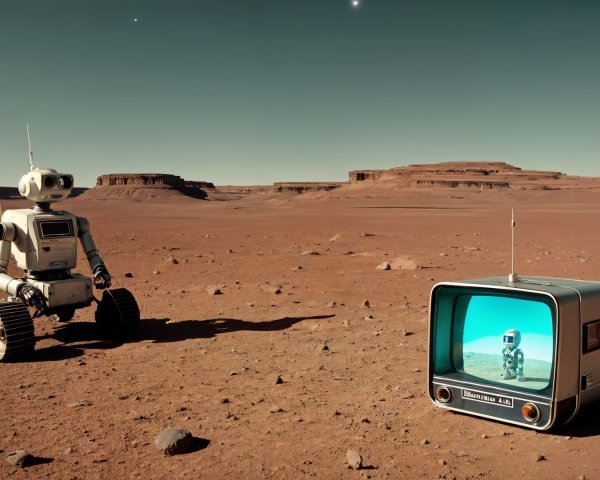 Retro Robot on Martian Landscape with TV Reflection