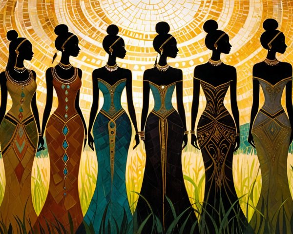 Silhouetted Women in Elegant Gowns Against Sunburst Background