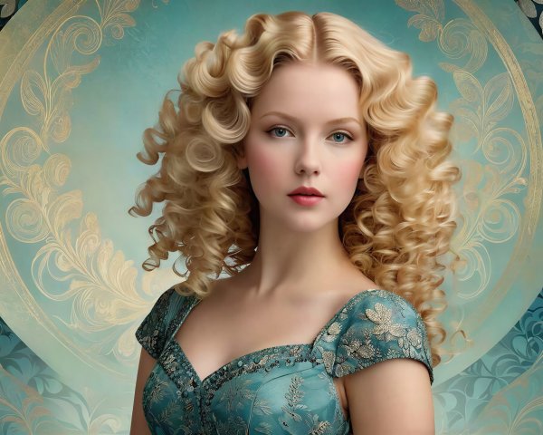 High-fashion portrait of a woman in teal brocade dress