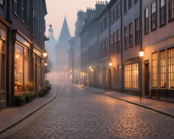 Foggy Cobblestone Street with Lit Lamps and Tower