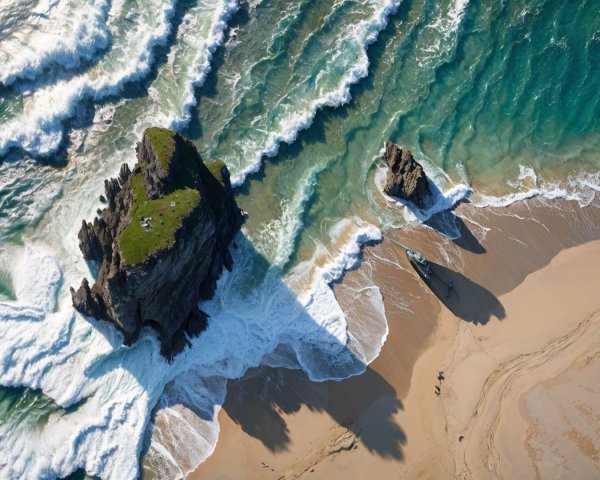 Aerial View of Rocky Coastal Landscape with Waves