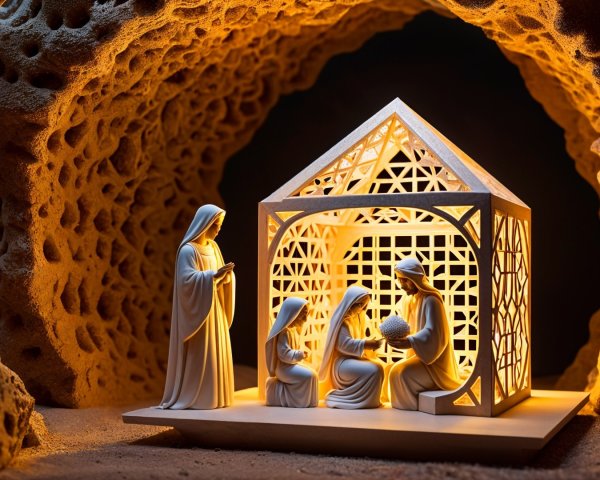 Intricate Nativity Scene with Earthy Cave Backdrop