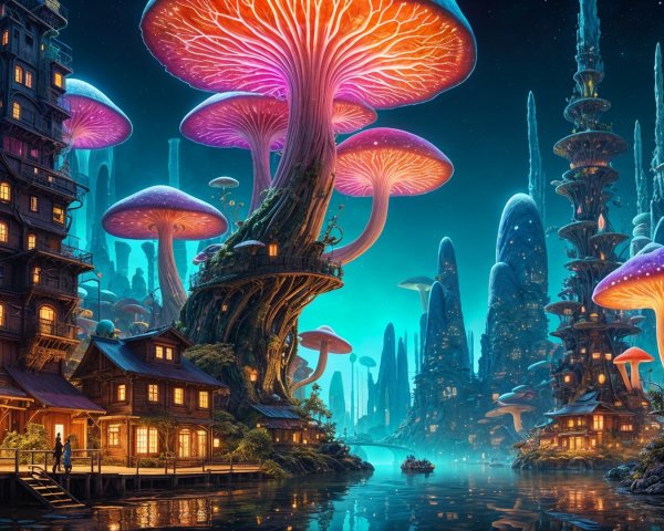 Fantastical Twilight Landscape with Luminescent Mushrooms
