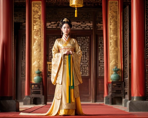 Traditional Yellow Hanfu in Ornate Chinese Interior