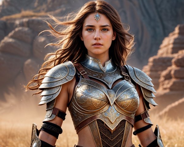 Warrior in Armor Against Arid Landscape Background