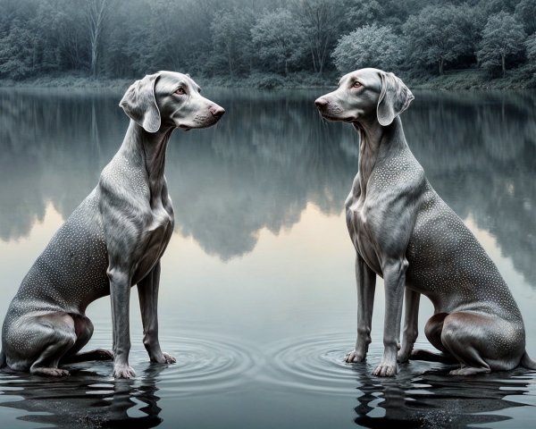 Elegant dogs in serene water with blooming flowers