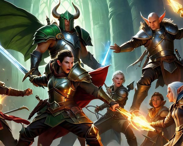 Fantasy Warriors in Combat in Mystical Hall Setting