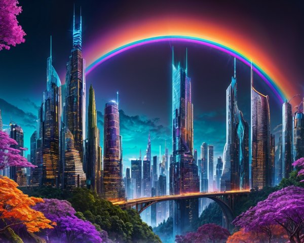 Futuristic cityscape with colorful skyscrapers and rainbow
