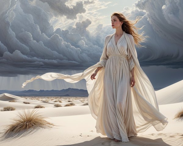 Woman in White Dress in Desert with Stormy Sky