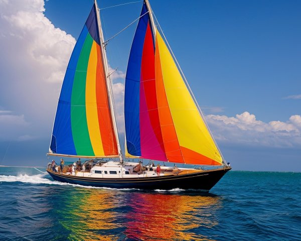 Vibrant Sailboat with Colorful Sails in Azure Waters