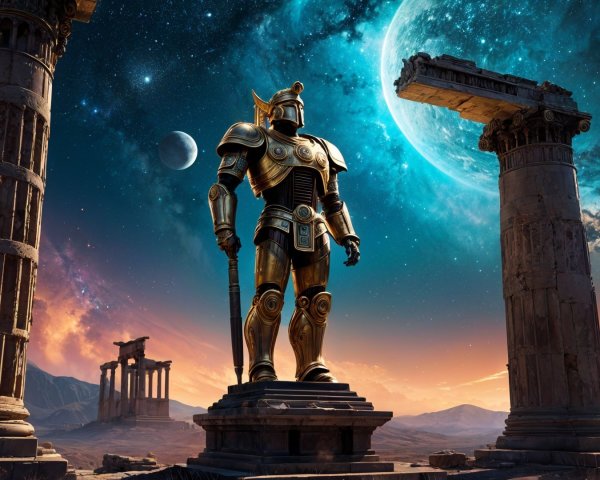 Golden Armored Knight Under Starry Sky and Columns