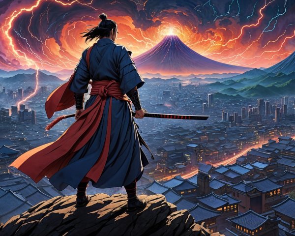 Lone Warrior Overlooks City and Dramatic Sky