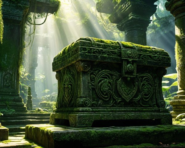 Ornate stone chest in a mystical jungle setting