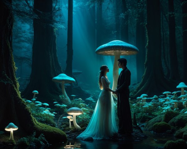 Couple in Mystical Forest Under Luminescent Mushroom