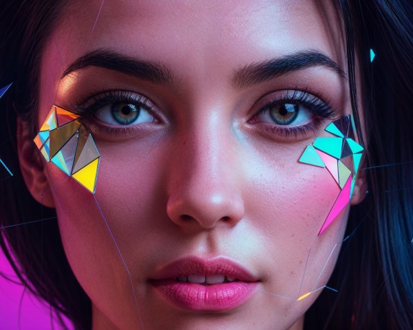 Close-up of a woman with blue-green eyes and geometric art