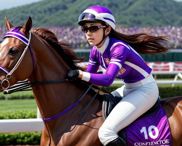 Jockey in Purple Outfit Rides Chestnut Horse in Race