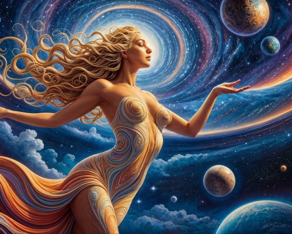 Celestial Figure in Vibrant Galaxy Scene