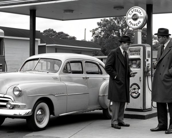 Classic Black and White Gas Station Scene with Vintage Car