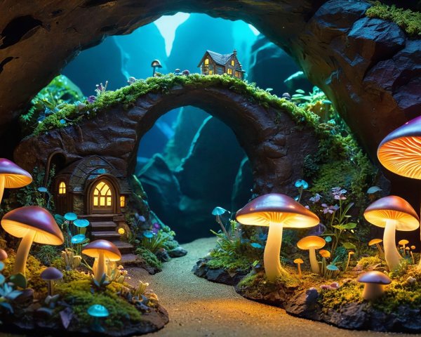 Magical Grotto with Illuminated Pathway and Houses