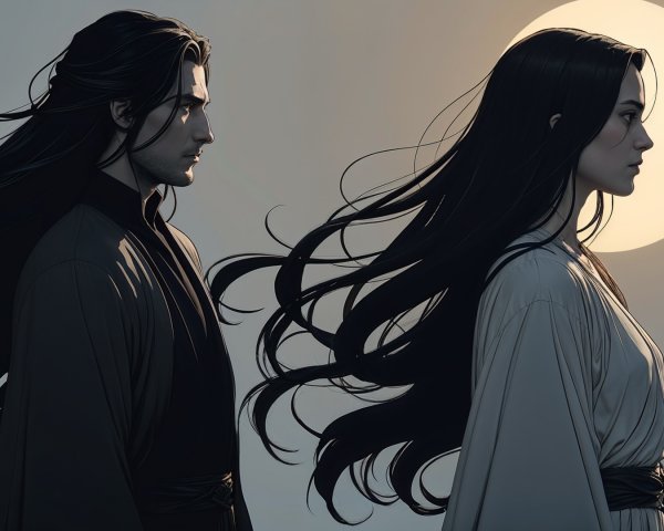Serene Scene of Two Figures Under a Glowing Moon