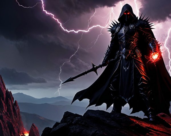 Formidable figure on mountain peak with stormy backdrop