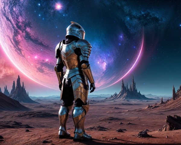 Lone Warrior in Armor on Barren Rocky Landscape
